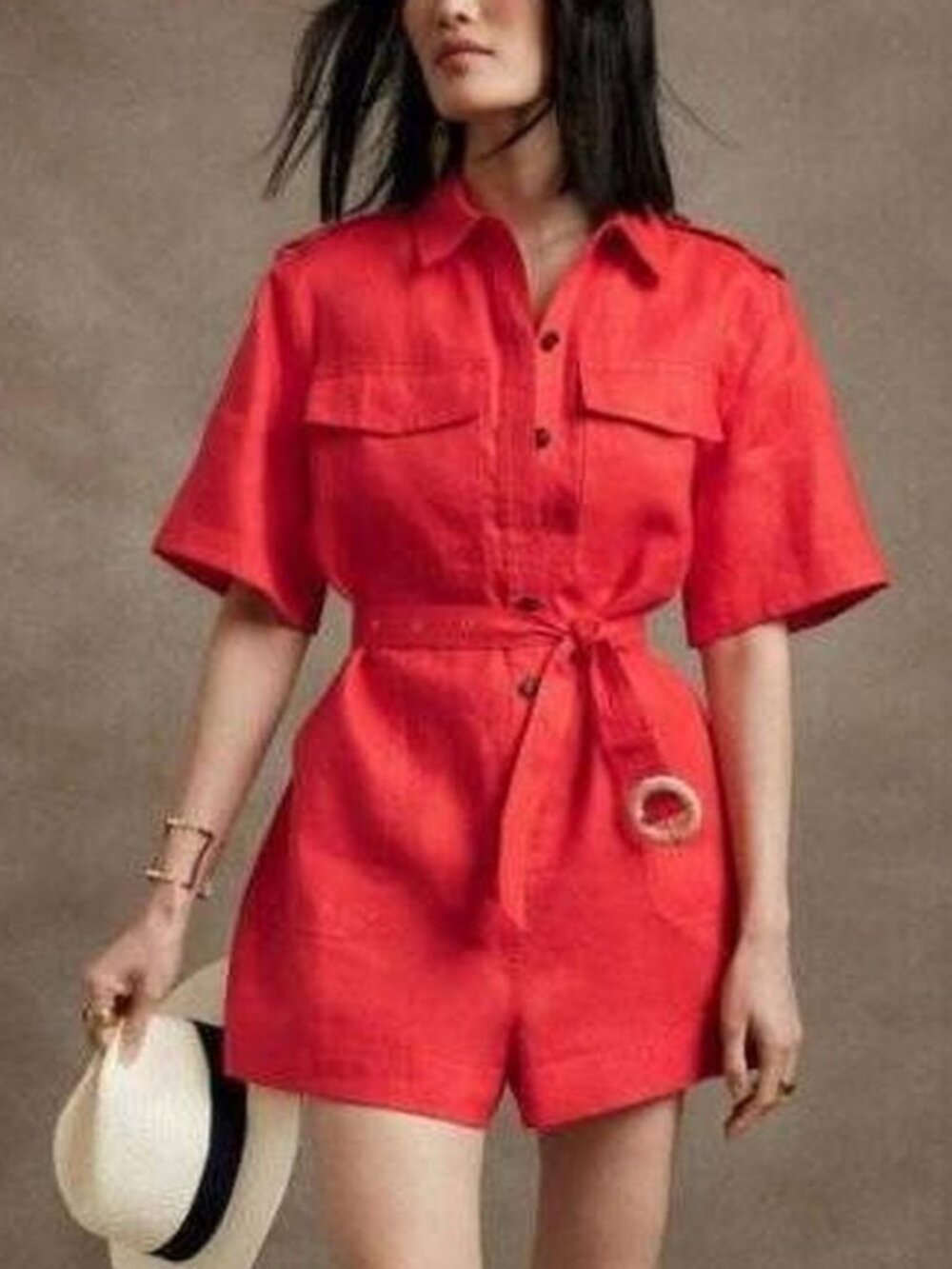 Banana Republic Red Linen Utility Safari Romper Size XXS